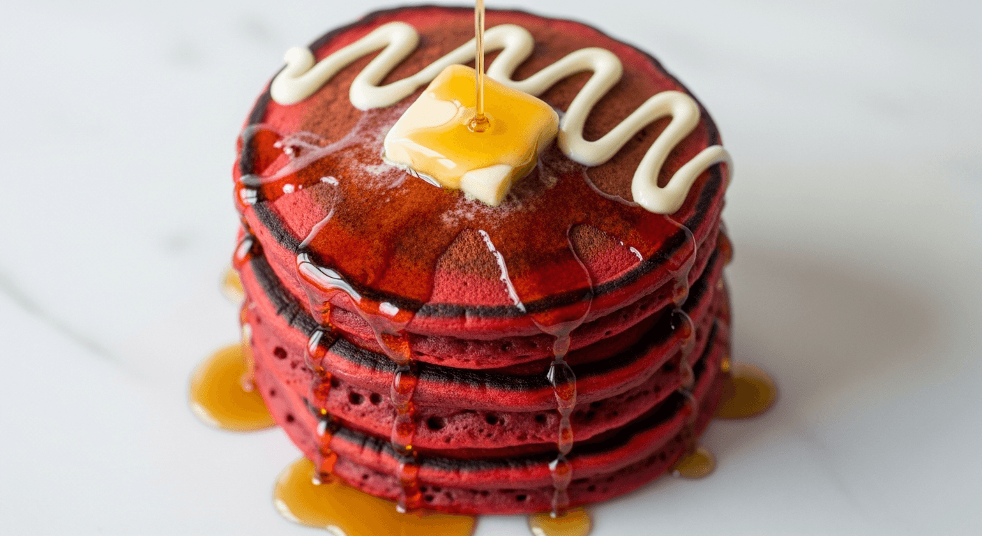 Red Velvet Pancake Stack with Cream Cheese Drizzle